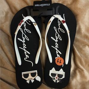 Karl Lagerfeld Black & White Logo Flip Flops - Women's 11